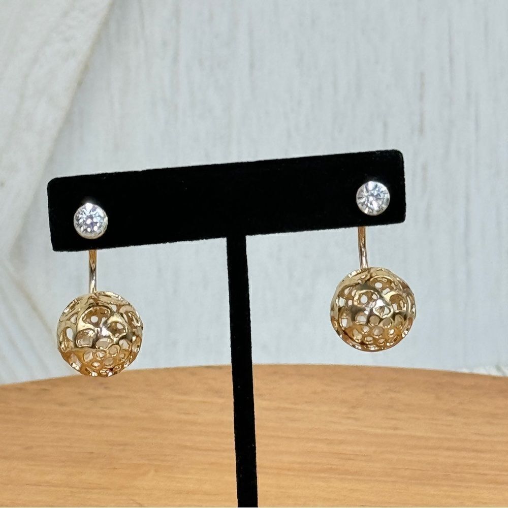 Goldtone Cage Drop Ball Rhinestone Stud‎ Earrings 3D